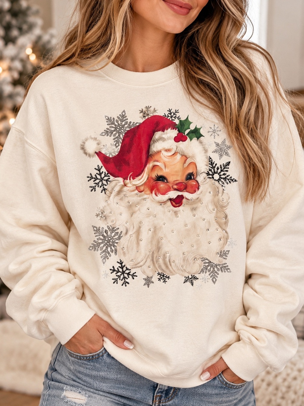 NWOT White Vintage Santa Graphic Sweatshirt - Men Sweaters